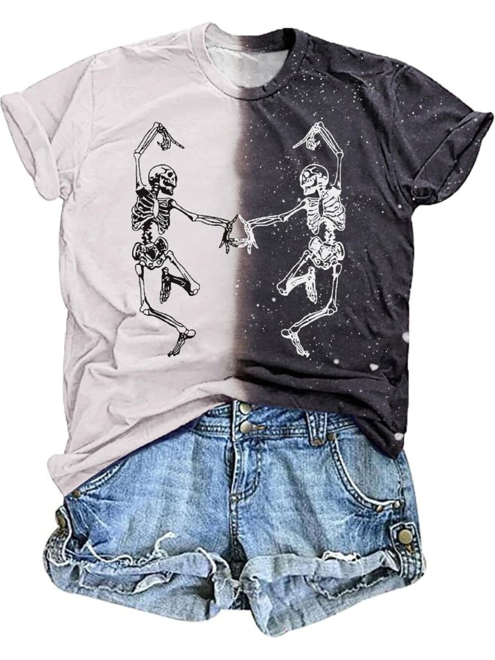 🆕 Women's Black White Dancing Skeleton Halloween Split Colorblock Graphic Tee